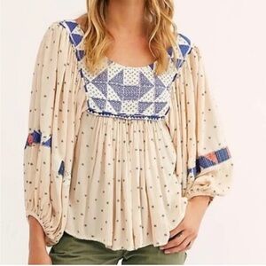 Free People Bohemian Cream and Blue Women's Top